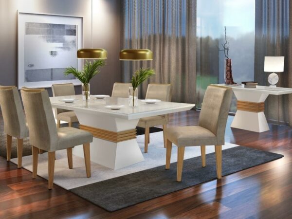 Mesa de Jantar Agata 1.80x0.90 Com 6 Cadeiras Lunara - Off White/Imbuia