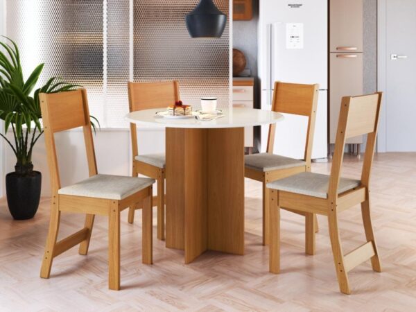 Mesa de Jantar Alice Circular 0.90x090 Com 4 Cadeiras Linho – Freijó/Off White