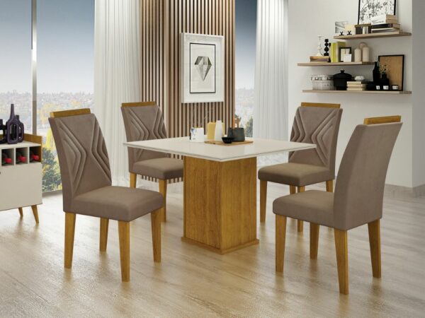 Mesa de Jantar Napoli 0.90x0.90 Com 4 Cadeiras Clara Joli Camurça – Freijó/Off White
