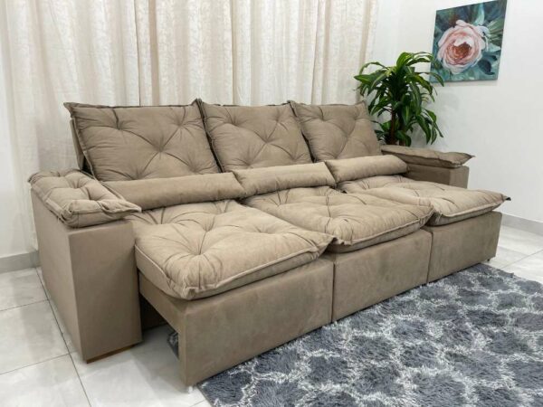 Sofá Retrátil Reclinável Grécia 2.70m - Bege Veludinho
