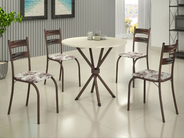 Conjunto Mesa Tubular Macaé Tampo Circular 0.75 Com 4 Cadeiras Ratam  - Marrom/Off White