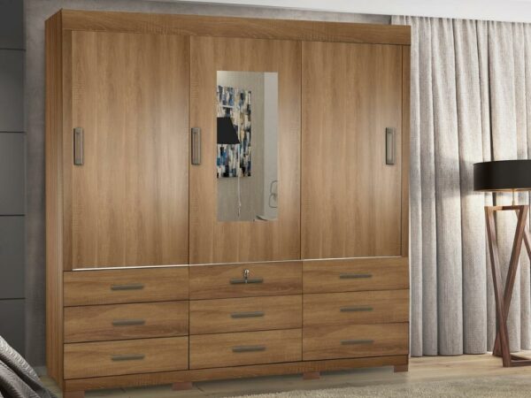 Guarda-Roupa Itapema 3 portas de correr com espelho 9 gavetas – Mel
