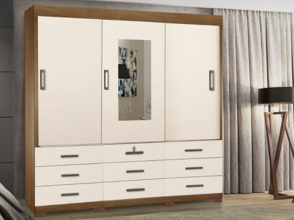 Guarda-Roupa Itapema 3 portas de correr com espelho 9 gavetas – Mel/Off white