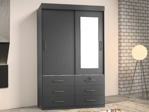 Guarda-Roupa Copa 5.0 2 portas de correr com espelho 6 gavetas – Preto