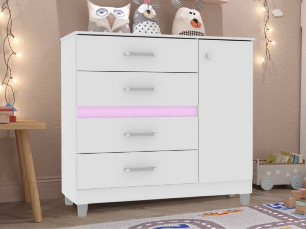 Cômoda Florence 4 gavetas 1 porta – Branco/Rosa
