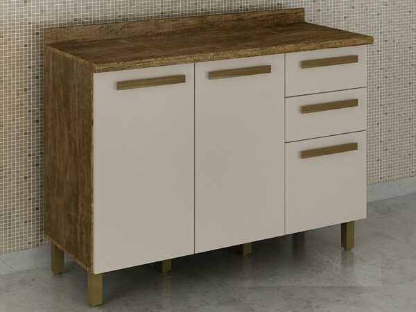 Balcão de cozinha 3 portas 2 gavetas Pérola REF 1200 – Ipê/Off white