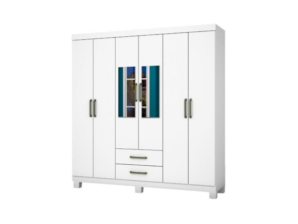 Guarda-Roupa Áries c/ espelho 6 portas e 2 gavetas – Branco