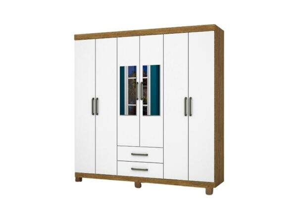 Guarda-Roupa Áries c/ espelho 6 portas e 2 gavetas – Freijó/Branco