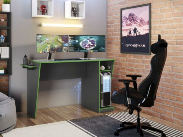 Mesa Gamer Cyber Com Porta Copos – Grafite/Verde