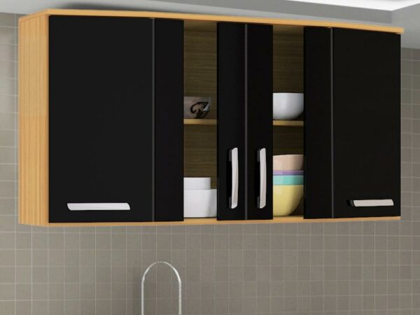 Armário de Cozinha Aéreo Bruna Tridimensional 4 portas – Damasco/Preto