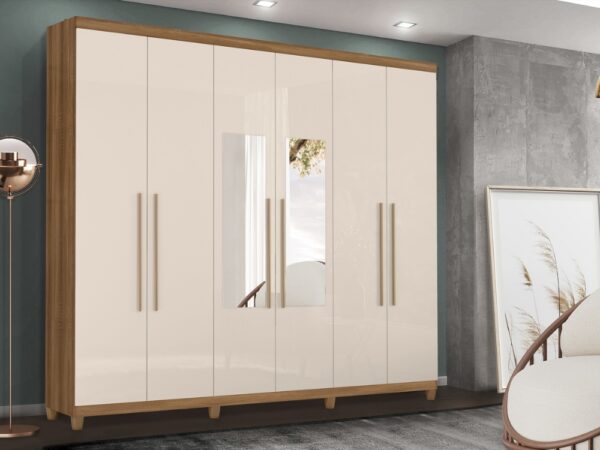 Guarda-Roupa Porto Bello Plus 6 portas com espelho – Mel/Off White