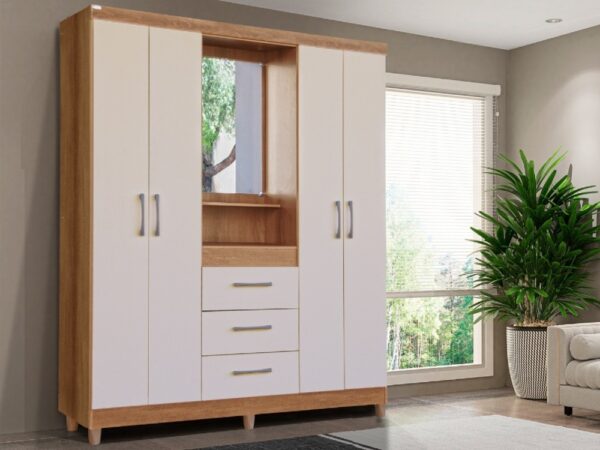 Guarda-Roupa Capelinha Lyon 4 portas com espelho – Mel/Off white