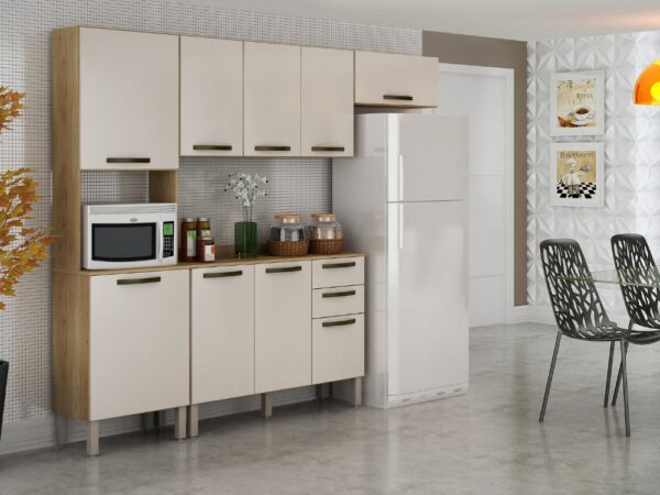 Cozinha Completa Valência com Aéreo Triplo 4 peças - Carvalho/Off White