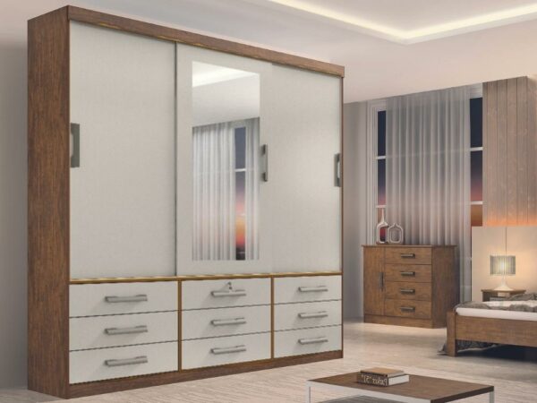 Guarda-Roupa Meridian 3 portas e 9 gavetas – Ipê/Off white