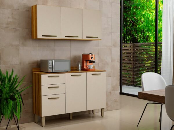Combo Armário de Cozinha Aéreo 3 portas + Balcão 1.20 Valência – Carvalho/Off White