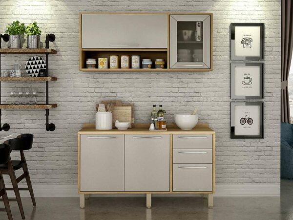 Combo Armário de Cozinha Aéreo + Balcão 1.20 Paris – Carvalho/ Off White