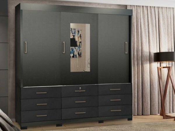 Guarda-Roupa Itapema 3 portas de correr com espelho 9 gavetas – Preto