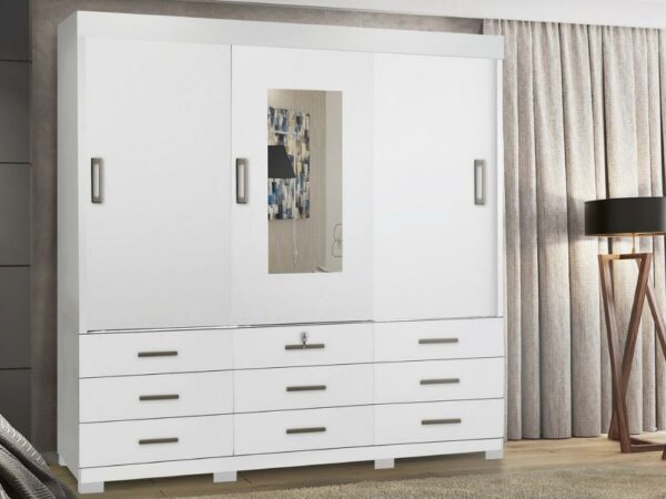 Guarda-Roupa Itapema 3 portas de correr com espelho 9 gavetas – Branco