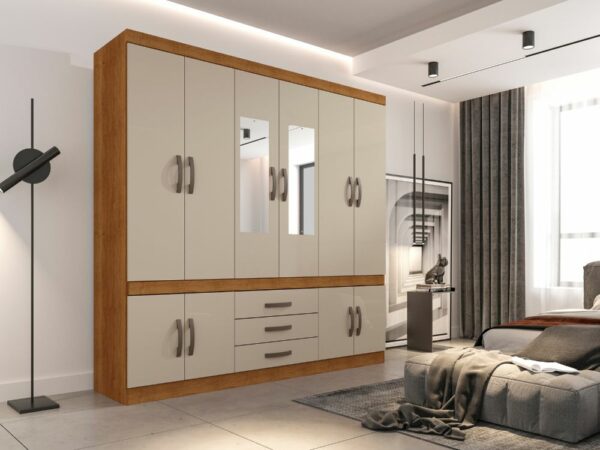 Guarda-Roupa Parma 10 portas com espelho -  Cinamomo/Off White