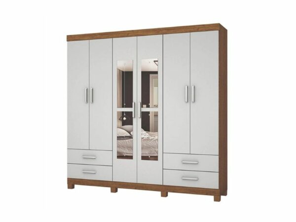 Guarda-Roupa Hércules c/ espelho 6 portas e 4 gavetas – Freijó/Branco