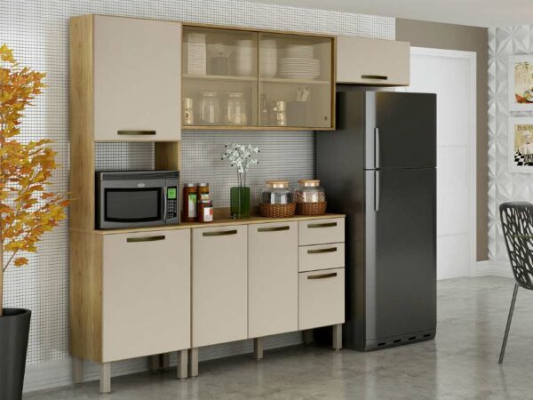 Cozinha Completa Valência com Aéreo Porta de Correr 4 peças - Carvalho/Off White
