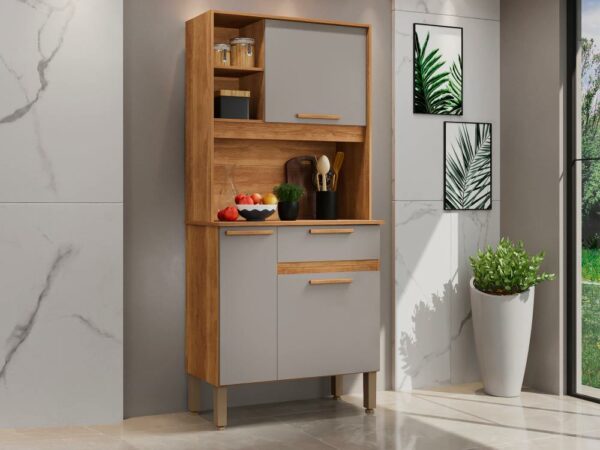 Armário Kit de Cozinha Lia 3 Portas 1 Gavetas – Cinamomo/Off White