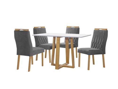 Mesa de Jantar Pedro 90x90 Com 4 Cadeiras Genova  - Cinamomo/Off White/Cinza Veludo