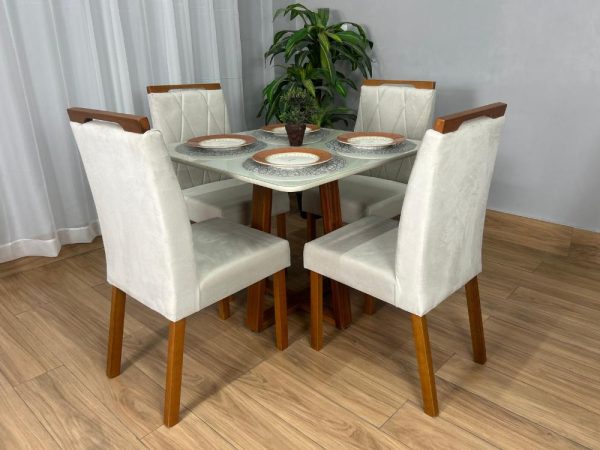 Mesa de Jantar Bali 90x90 Com 4 Cadeiras Isa - Cinamomo/Off White/Bege Veludo