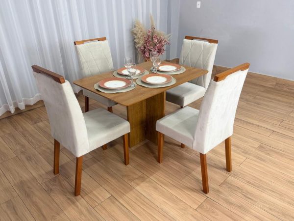 Mesa de Jantar Salinas 1.20x0.80 s/Vidro c/4 Cadeiras Isa - Cinamomo/Bege Veludo