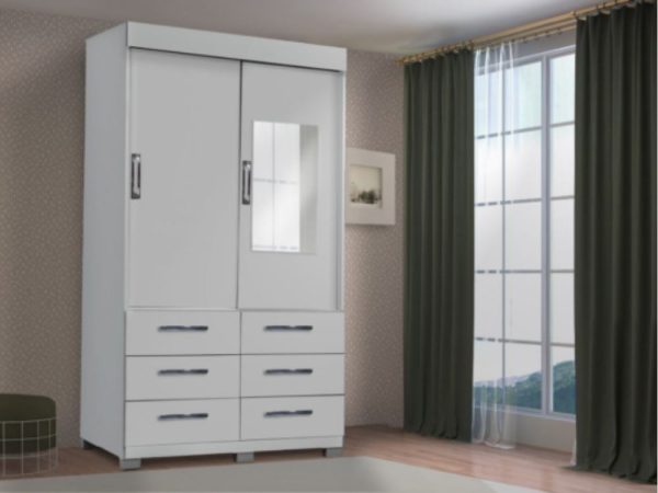 Guarda-Roupa Buzios 2 portas de correr com espelho 6 gavetas - Branco