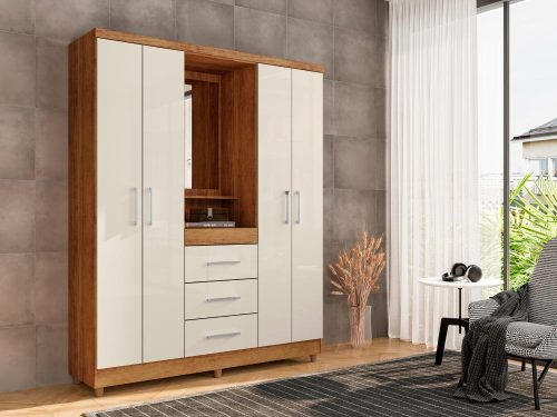 Guarda-Roupa Capelinha Lyon 4 portas com espelho - Cedro/Areia
