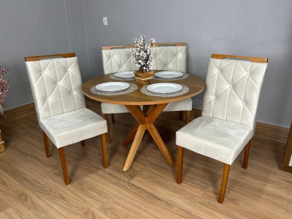 Mesa de Jantar Simpatia 1.08x1.08 Circular Com 4 cadeiras Jasmim - Cinamomo/Bege