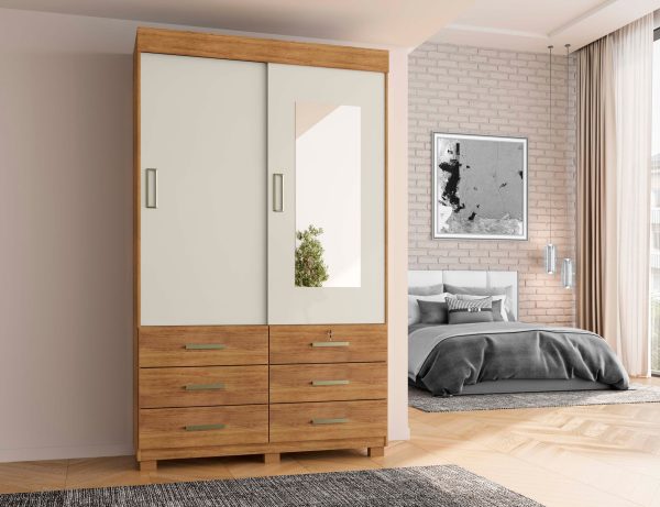 Guarda-Roupa Buzios 2 portas de correr com espelho 6 gavetas - Cedro/Areia