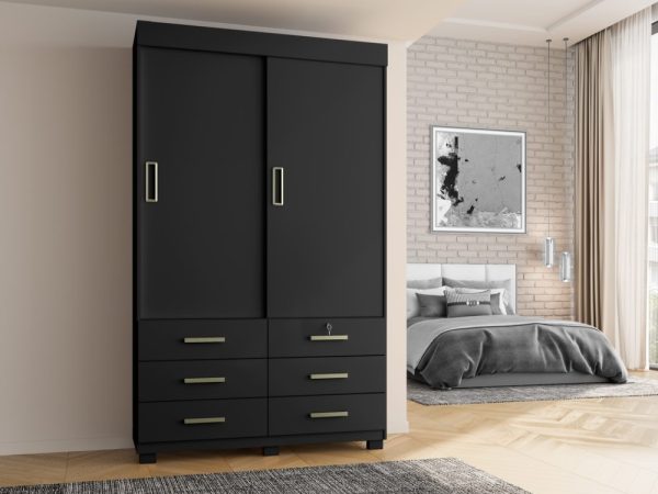 Guarda-Roupa Buzios 2 portas de correr Sem espelho 6 gavetas - Preto