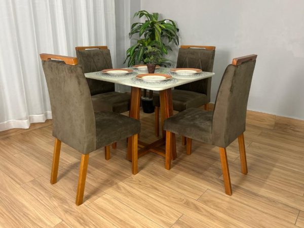Mesa de Jantar Bali 90x90 Com 4 Cadeiras Isa - Cinamomo/Off White/Marrom Veludo