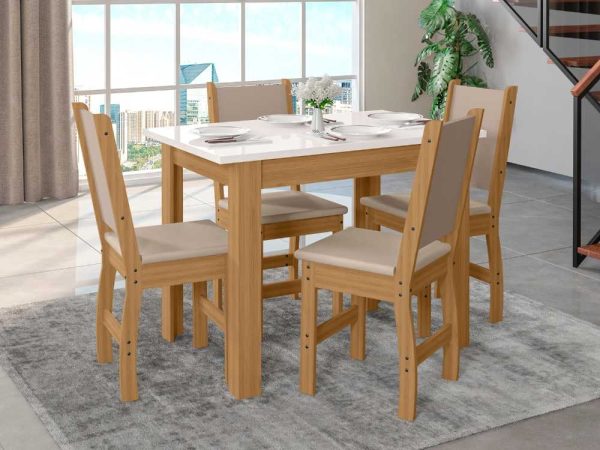 Mesa de Jantar Bellagio  Com 4 Cadeiras Clara - Freijo/Off White