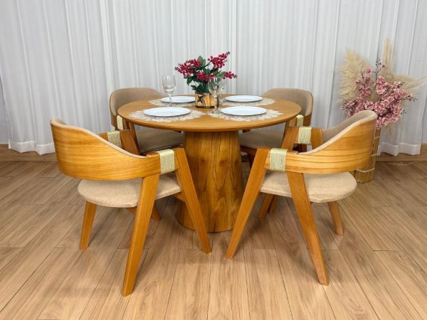 Mesa de Jantar Paris Circular 1.10x1.10 c/4 Cadeiras Ravena - Cinamomo Laminado/Bege Linho