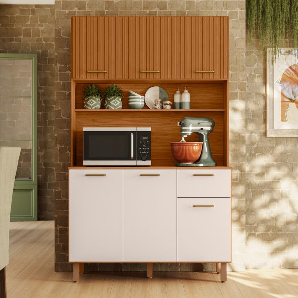 Armário de Cozinha Kit Lívia 1,10m -  Freijó Ripado/ Off White