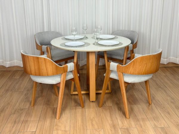 Mesa de Jantar Bali Circular 1.10x1.10m c/4 Cadeiras Pérola  - Cinamomo/Off White/Cinza Linho