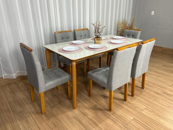 Mesa de Jantar Veneza 1.80x0.90 c/6 Cadeiras Londres - Cinamomo/Off White/Cinza Linho