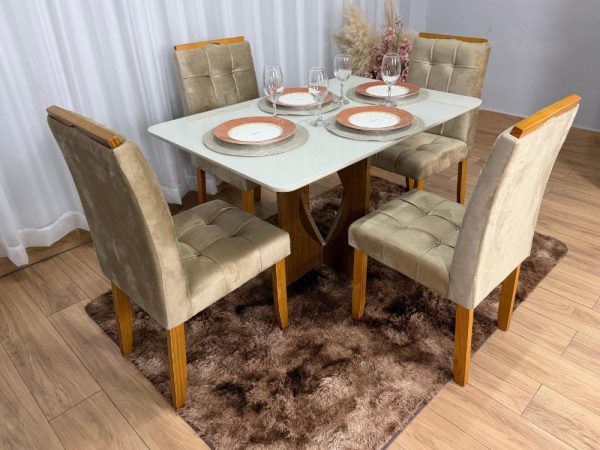 Mesa de Jantar Madri 1.20x0.80 Com 4 Cadeiras Londres - Cinamomo/Off white/Avelã Veludo