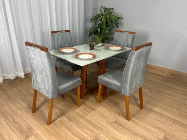 Mesa de Jantar Bali 1.20x0.80 Com 4 Cadeiras Isa - Cinamomo/Off White/Cinza Veludo