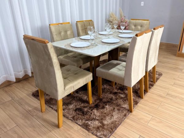 Mesa de Jantar Madri 1.60x0.80 Com 6 Cadeiras Londres - Cinamomo/Off white/Avelã