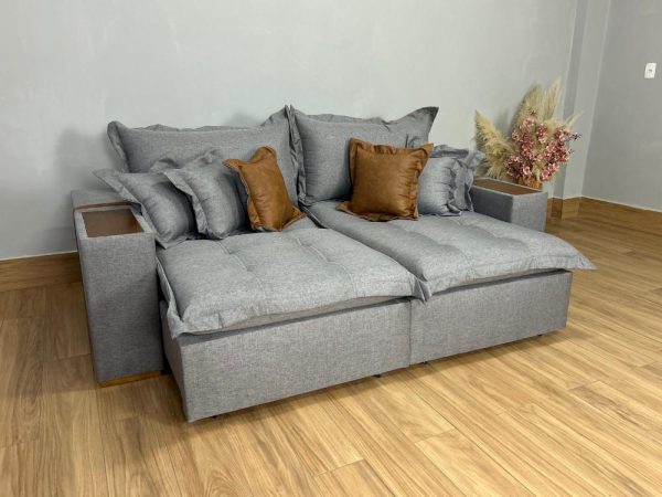 Sofá Retrátil Reclinável Gabriela 2,50m - Cinza Linho/Marrom Courino