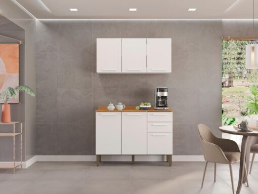 Combo Armário de Cozinha Aéreo 3 portas + Balcão 1.20 New Valência - Branco