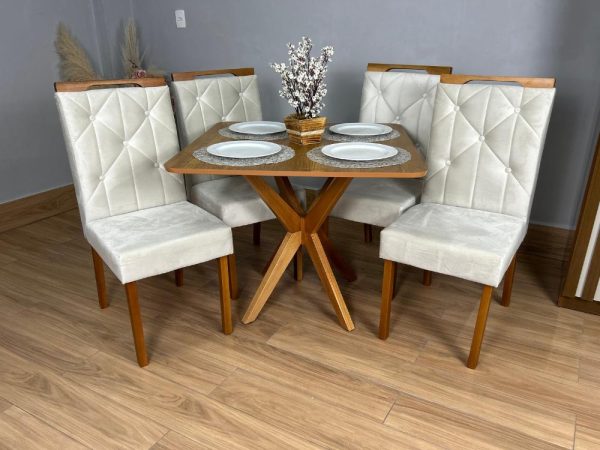 Mesa de Jantar Simpatia 0,90x0,90 Quadrada Com 4 cadeiras Jasmim - Cinamomo/Bege