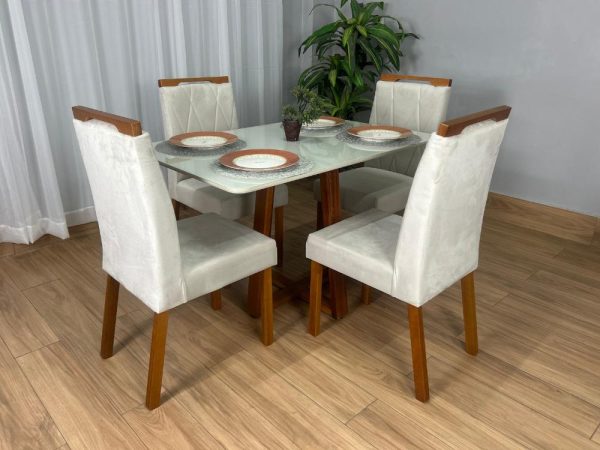 Mesa de Jantar Bali 1.20x0.80 Com 4 Cadeiras Isa - Cinamomo/Off White/Bege Veludo