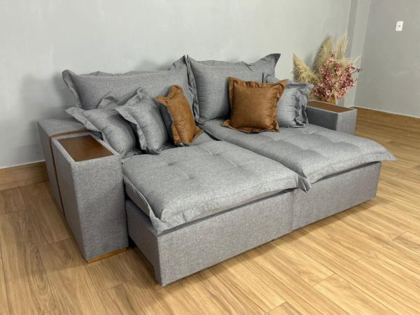 Sofá Retrátil Reclinável Gabriela 2,30m - Cinza Linho/Marrom Courino