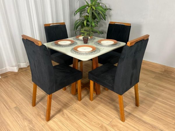 Mesa de Jantar Bali 90x90 Com 4 Cadeiras Isa - Cinamomo/Off White/Preta