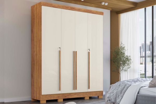 Guarda-Roupa Domus 4 portas com pés e chave - Cedro/Areia